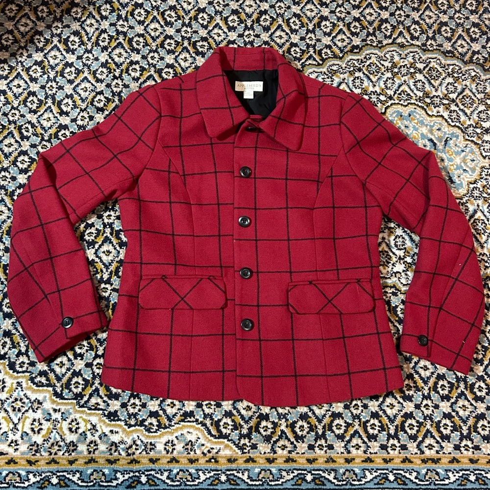 Women's Red Checkered Warm Cropped Blazer Jacket